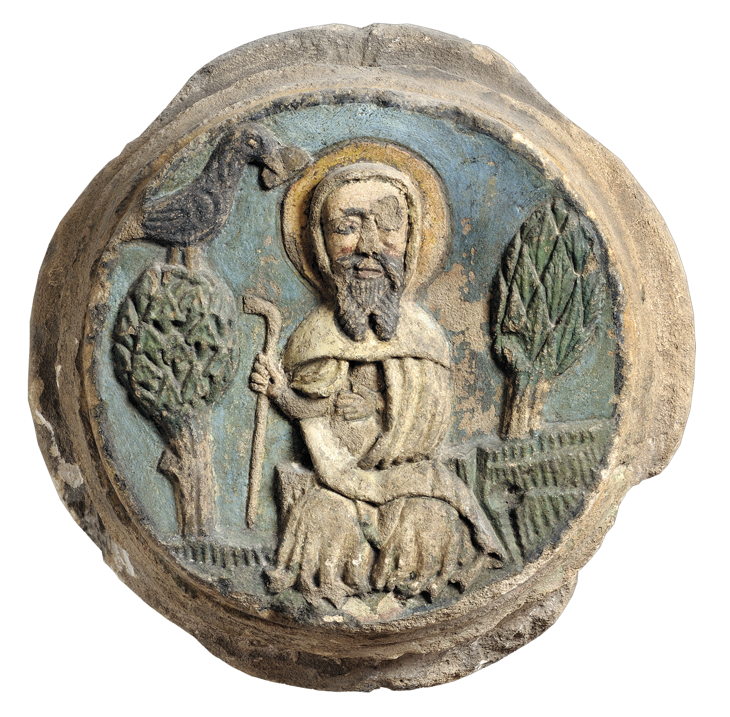 Vault keystone depicting Saint Paul the Hermit from the one-time Monastery of Budaszentlőrinc, 15th century, Budapest History Museum, Inv. no.: 368; photo: Bence Tihanyi